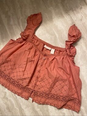 Shabby Chic Rust Pink Button-Front Lace Trim Eyelet Boho Cami Tank